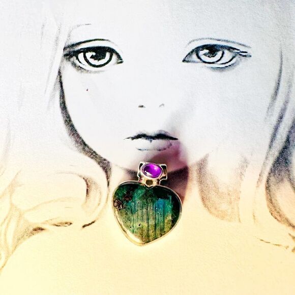 Larvikite Black Moonstone & Amethyst Sterling Silver Heart Pendant - Picture 1 of 7